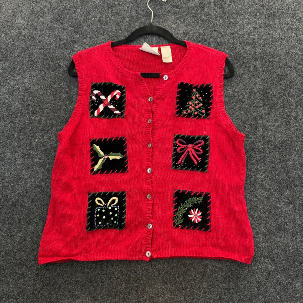 Vintage First Issue Liz Claiborne Christmas Vest Red Knit Beaded Holiday Large